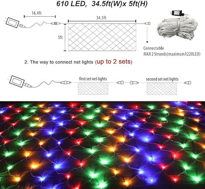 Christmas Net Lights, 610 LED Large Outdoor Net Mesh Lights 34.5X 5ft, 8 Modes Waterproof Twinkle String Lights Connectable for Bushes Christmas Yard Decor, Colorful