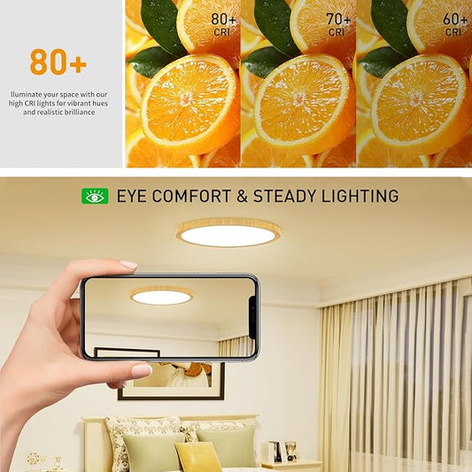 Light Fixtures Ceiling Mount: 12 Inch 24W Wood Grain 3CCT LED Ceiling Light 3000K-4000K-6000K Selectable Flat Round Lights for Bedroom Laundry Closet Hallway Office Set of 2