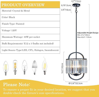 Black Crystal Pendant Light for Dining Room 12.8" Mini Luxury Crystal Chandelier 4-Light Small Modern Elegant Adjustable Chandelier for Bedroom Kitchen Island Hanging Ceiling Light Fixture