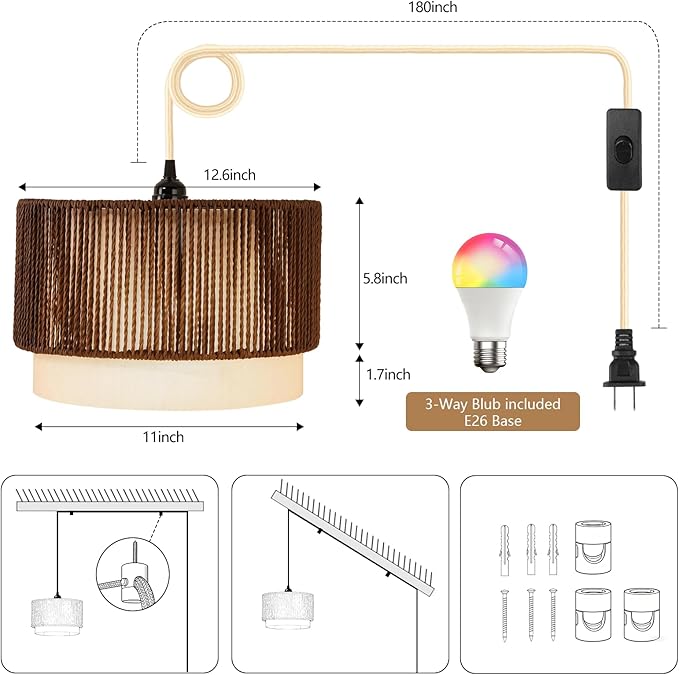 Plug in Pendant Light, Hanging Lamp with Woven Shade, Ceiling Light Fixture with On/Off Switch and 15FT Cord, Farmhouse Hanging Lighting for Living Room, Bedroom, Dining Room