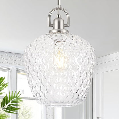 Large Glass Pendant Lights Kitchen Island, 10" 1-Light Brushed Nickel Pendant Light Fixtures with Clear Hammered Glass, Modern Hanging Light for Kitchen Island Dining Room Entryway Foyer