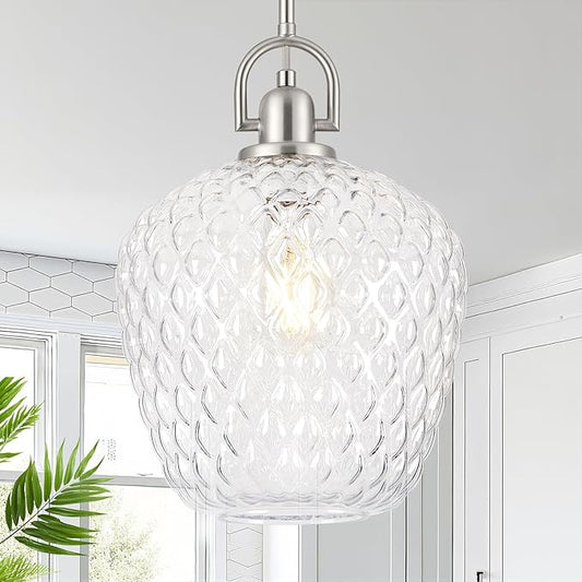 Large Glass Pendant Lights Kitchen Island, 10" 1-Light Brushed Nickel Pendant Light Fixtures with Clear Hammered Glass, Modern Hanging Light for Kitchen Island Dining Room Entryway Foyer