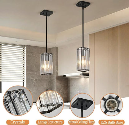 Modern Crystal Pendant Lights Kitchen Island, 3-Pack Black Hanging Light with Clear Crystal Shade, Adjustable Height Pendant Lighting for Kitchen Island Dining Room Bedroom Bar Entryway