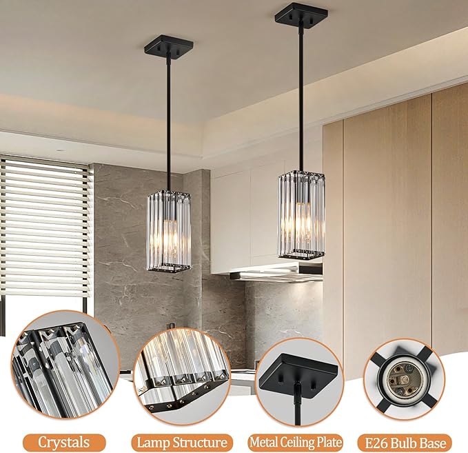 Modern Crystal Pendant Lights Kitchen Island, 1-Light Black Hanging Light with Clear Crystal Shade, Adjustable Height Pendant Lighting for Kitchen Island Dining Room Bedroom Bar Entryway