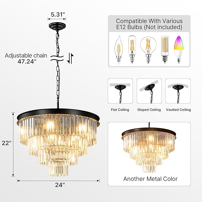 Modern Crystal Chandeliers For Dining Room: 24 Inch Black Round Luxury Chandelier Over Table - 4 Tiers Ceiling Hanging Pendant Lighting Fixture For Living Room Kitchen Island Bedroom Entryway Foyer