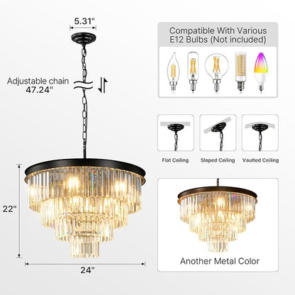 Modern Crystal Chandeliers For Dining Room: 24 Inch Black Round Luxury Chandelier Over Table - 4 Tiers Ceiling Hanging Pendant Lighting Fixture For Living Room Kitchen Island Bedroom Entryway Foyer