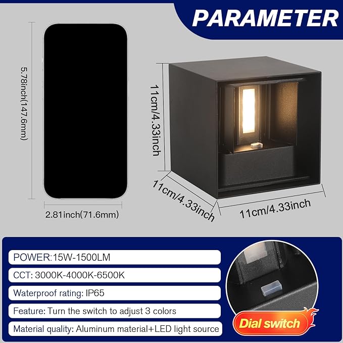 2 Pack LED Outdoor Wall Lights Exterior/Interior 3 Colors Adjustable 15W Wall Light Fixture IP65 Waterproof Porch Exterior Wall Sconce Modern Outdoor Lighting Square Aluminum Black Up and Down Lights