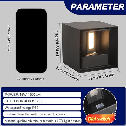 4 Pack LED Outdoor Wall Lights Exterior/Interior 3 Colors Adjustable 15W Wall Light Fixture IP65 Waterproof Porch Exterior Wall Sconce Modern Outdoor Lighting Square Aluminum Black Up and Down Lights