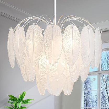 LumFurn 6-Light Glass Chandeliers, Modern 3-Tier Pendant Light Fixture for Dining Room, Living Room, D17.7 x H19~51 Inch Adjustable Height, Frosted Feather-Shaped Glass Shade & Chrome Finish Frame