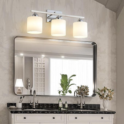 Mecgirn Stainless Steel Milk Glass Vanity Lights for Bathroom, 3 Light Chrome Bathroom Light Fixtures Over Mirror, Ceramic E26 Sockets Wall Mounted