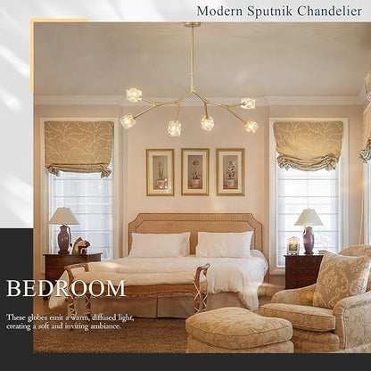 6 Lights Gold Crystal Chandelier for Dining Room L43’’ Modern Luxury Sputnik Chandelier Over Table Adjustable Flush Mount Pendant Light Fixture for Living Room Kitchen Island Bedroom
