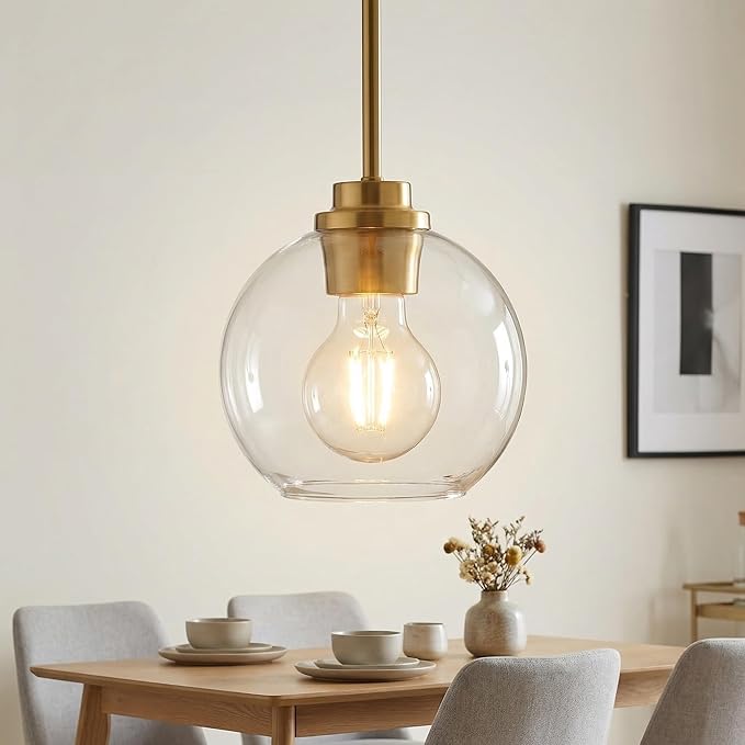 Gold Pendant Light – 7 Inch Clear Glass Farmhouse Hanging Fixture, Adjustable Height & Sloped Ceiling Compatible for Kitchen Island Dining Room Entryway Bedroom Hallway, 1 Pack
