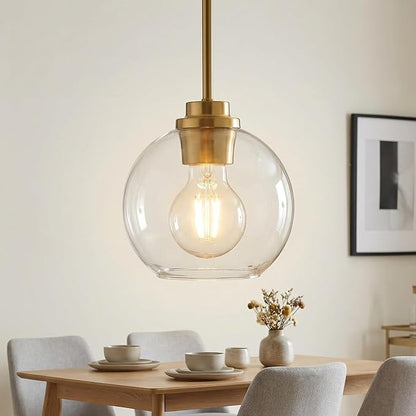 Gold Pendant Light – 7 Inch Clear Glass Farmhouse Hanging Fixture, Adjustable Height & Sloped Ceiling Compatible for Kitchen Island Dining Room Entryway Bedroom Hallway, 1 Pack