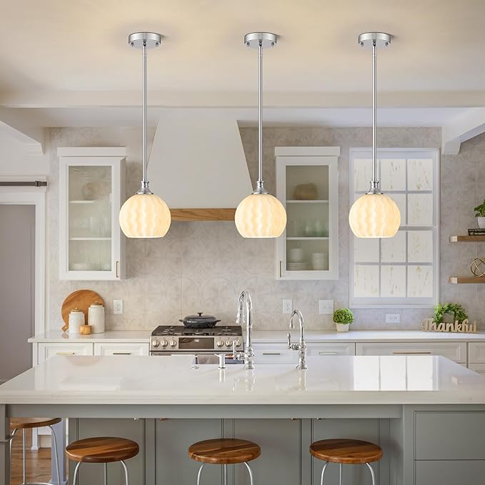 Brushed Nickel Pendant Lights Kitchen Island, 7.3" 1-Light Modern Milk Glass Globe Light Fixtures with Adjustable Rods, Hanging Ceiling Lighting for Sink, Hallway (E26 Base)