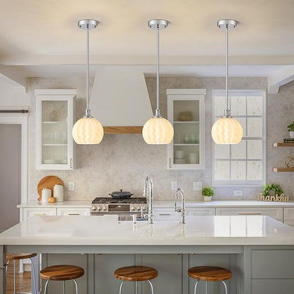 Brushed Nickel Pendant Lights Kitchen Island, 7.3" 1-Light Modern Milk Glass Globe Light Fixtures with Adjustable Rods, Hanging Ceiling Lighting for Sink, Hallway (E26 Base)