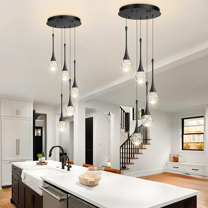 cenzoz 5-Lights Modern Pendant Lights for Kitchen Island LED Dimmable Chandelier Crystal Glam Ceiling Pendant Lighting for Dining Room Hallway Bedroom Lamp Black