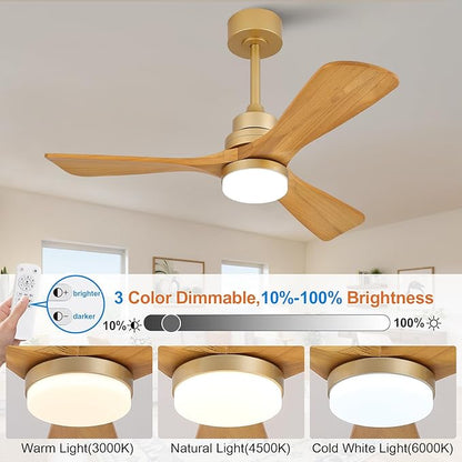 42 Inch Ceiling Fans with Lights and Remote, Dimmable LED Light, Quite Reversible DC Motor,Memory Function,Modern Solid Wood Indoor Outdoor Ceiling Fan with Light for Patio Office (Gold)