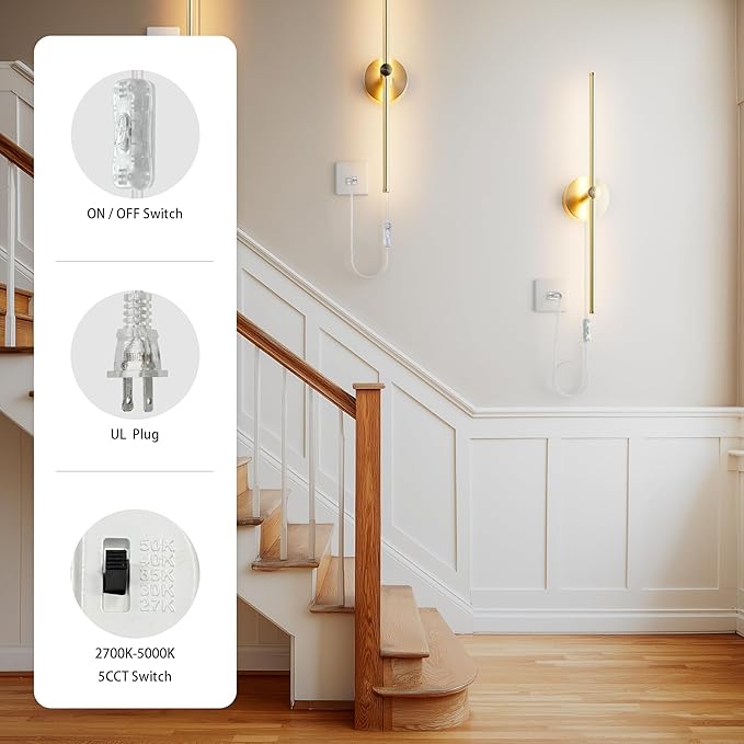 ZAGO Plug in or Hardwired Linear Wall Sconce: 24 Inch LED Indoor Modern Linear Wall Lights Set of Two with On/Off Switch, 5CCT Switchable, Brushed Gold, Dimmable for Living Room, Bedroom, Hallway