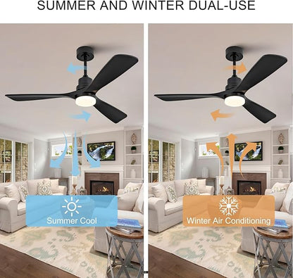 52 Inch Black Ceiling Fans with Lights and Remote,Dimmable,Quite Reversible DC Motor,Memory Function,Modern Solid Wood Indoor Outdoor Ceiling Fan with light for Patio Bedroom