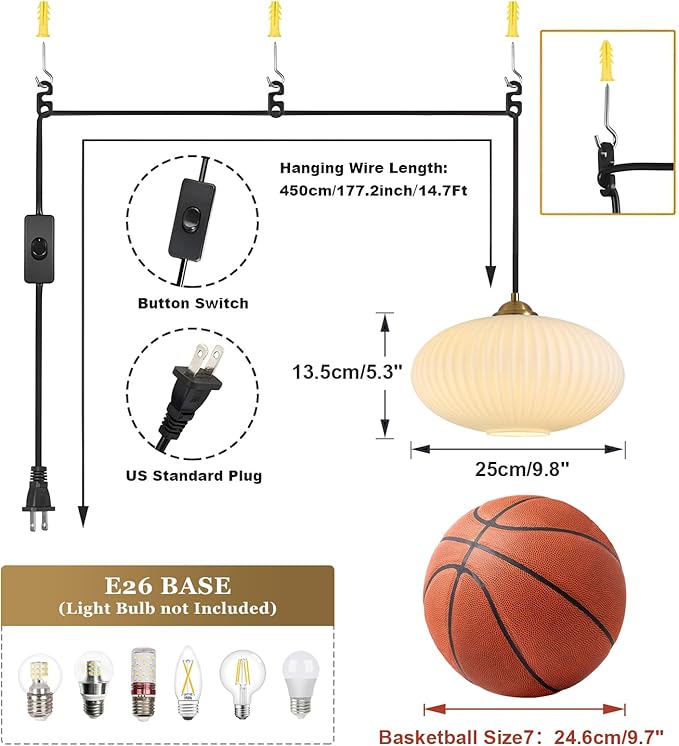 Antique Brass Pendant Lighting Bedroom Plug in Ceiling Light Gold and White Pendant Lights Kitchen Island Large Plug in Chandelier Modern Glass Hanging Lamp
