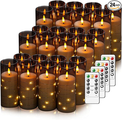 Nimiko Flickering Flameless LED Candles,Battery Operated Candles 24 Pcs with Embedded Star String,Acrylic LED Pillar Candles with Remote,Suitable for Home Decoration to Create an Atmosphere (Grey)