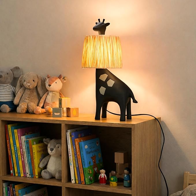 13.7 Inch LED Giraffe Table Lamp, Resin Animal Desk Lamp with Handcrafted Raffia Shade, Unique Decorative Light, Cute Desk Lamps for Nightstand, Bedroom, Playroom, Nursery, Black