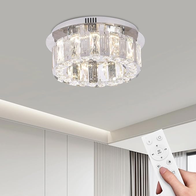 11.8" Dimmable Crystal Chandelier Modern LED Flush Mount Mini Ceiling Light Fixtures with Remote Control Crystal Round Chandeliers Light for Hallway Bedroom Kitchen