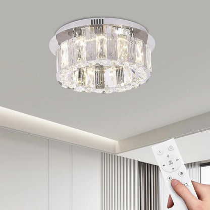 11.8" Dimmable Crystal Chandelier Modern LED Flush Mount Mini Ceiling Light Fixtures with Remote Control Crystal Round Chandeliers Light for Hallway Bedroom Kitchen