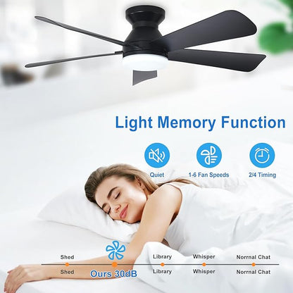 Depuley 42-Inch Ceiling Fans with Lights: Indoor/Outdoor Flush Mount Ceiling Fan with Remote Control - Black 5 Blade Low Profile Fandelier for Kitchen Gazebo - Reversible Quiet Timer - 2 Packs
