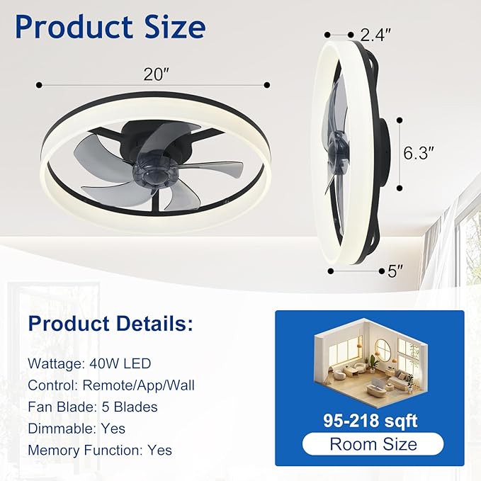 DLLT Bladeless Ceiling Fan with Light: 20" Modern Low Profile Flush Mount Fandelier with App & Remote Control - Black Dimmable LED Ceiling Fans for Bedroom Kids Room Living Room