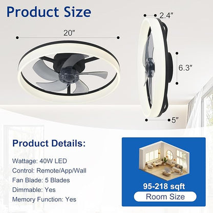 DLLT Bladeless Ceiling Fan with Light: 20" Modern Low Profile Flush Mount Fandelier with App & Remote Control - Black Dimmable LED Ceiling Fans for Bedroom Kids Room Living Room