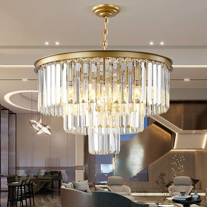 Gold Modern Crystal Chandelier, 3-Tier Round Flush Mount Ceiling Light Fixtures Height Adjustable Pendant Lighting for Dining Room Living Room Bedroom Kitchen Hotel Foyer