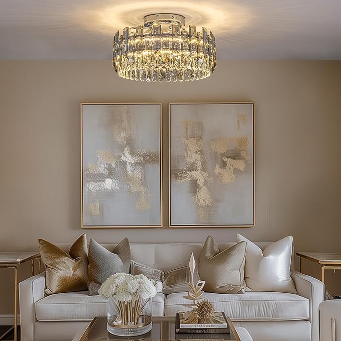 Crystal Ceiling Fan with Lights, Modern Chandelier Ceiling Fan with Remote, 6-Speed Wind, Dimmable LED, 20” Low Profile Ceiling Fan for Bedroom Dining Room Living Room