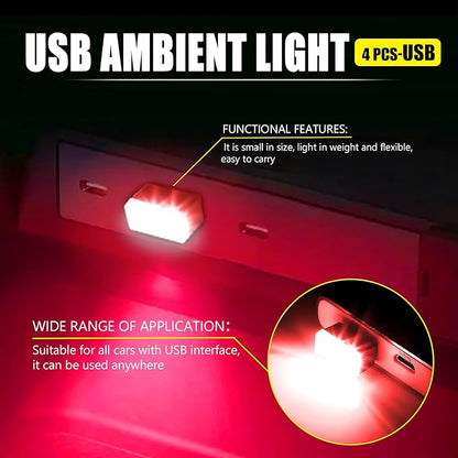 4 PCS USB LED Car Interior Atmosphere Lamp, Portable Mini Auto LED Decor Night Light, Plug-in USB Interface Ambient Lighting Kit, Universal Car Interior Accessories(Red)
