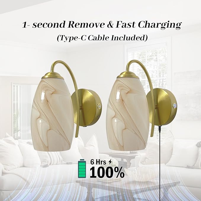 Gold Alabaster Battery Operated Wall Sconces Set of 2, Rechargeable Wireless Brass Wall Lights, Touch & Remote Control, Dimmable 3 Color Temperatures, Vintage Mount Hand-Blown Glass Sconce for Bedroom