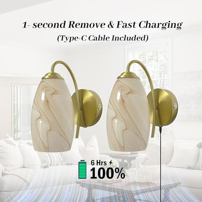 Gold Alabaster Battery Operated Wall Sconces Set of 2, Rechargeable Wireless Brass Wall Lights, Touch & Remote Control, Dimmable 3 Color Temperatures, Vintage Mount Hand-Blown Glass Sconce for Bedroom