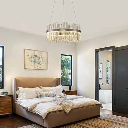 Nickel Led Modern Crystal Chandelier: 19.7" Round Contemporary 3 Color Dimmable Dining Room Light Fixture over Table - Adjustable Lighting Chandelier for Bedroom Living Kitchen Island Entryway Foyer