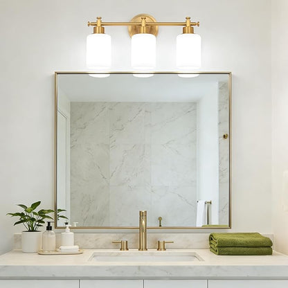 3-Light Bathroom Vanity Light, Brushed Gold Vanity Lights for Bathroom, Modern Champagne Gold Wall Sconce with White Glass Shades, Anti-Rust Light Fixtures over Mirror (Bulbs Not Included, E26 Base)