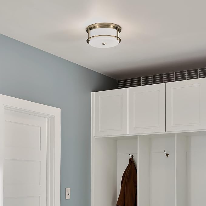 Kichler Brit 2-Light Flush Mount Ceiling Light, Industrial Modern Ceiling Light with Satin Etched Cased Opal Glass in Champagne Bronze, (12" W x 5.5" H), 52595CPZ