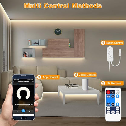 Tatazone Smart White COB Led Strip Light with Remote, 32.8ft 3000K Bright Warm White WiFi COB Light Strip Compatible with Alexa Google, Dimmable Indoor Led Lights for Cabinet, Room, 2 Rolls of 16.4ft