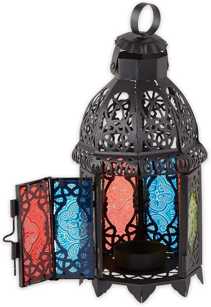 Zingz & Thingz Moroccan Style Candle Lantern Holder, Decorative Light Home Decor, Indoor & Outdoor, 13" Tall, Black with Rainbow Glass