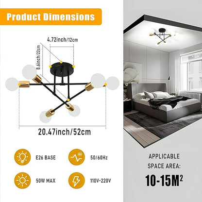 SPOLI Sputnik Ceiling Light Fixture, Dining Room Chandelier, Modern 6-Light Black and Gold Industrial Pendant Semi Flush Mount for Kitchen Living Bedroom, E26 Base, Bulbs Not Included