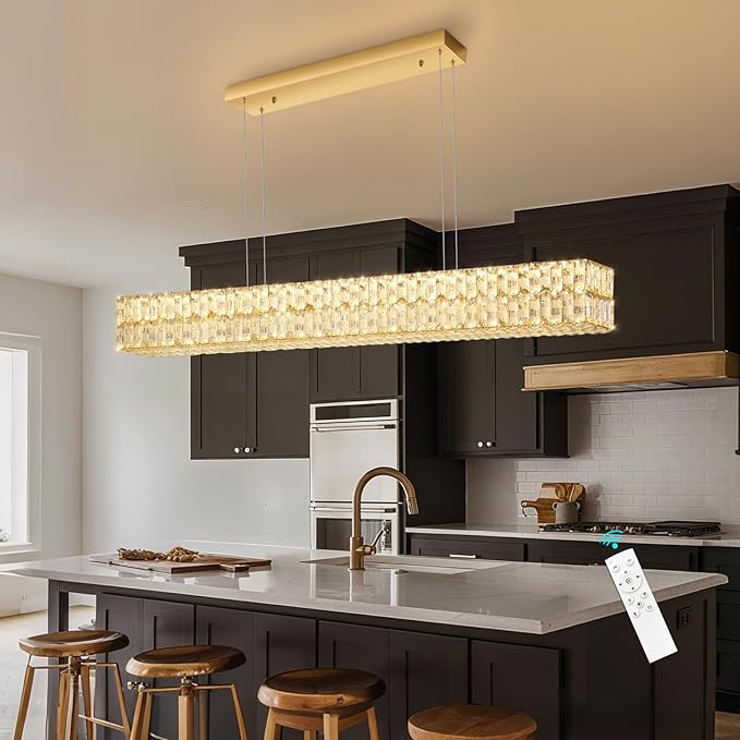 Rectangular Crystal Chandelier Glam Dimmable LED Crystal Chandeliers for Dining Room Linear Pendant Light with Remote Control for Kitchen Island Gold