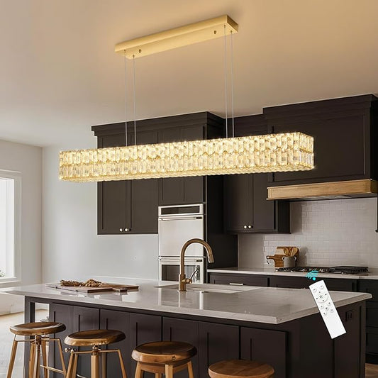 Rectangular Crystal Chandelier Glam Dimmable LED Crystal Chandeliers for Dining Room Linear Pendant Light with Remote Control for Kitchen Island Gold