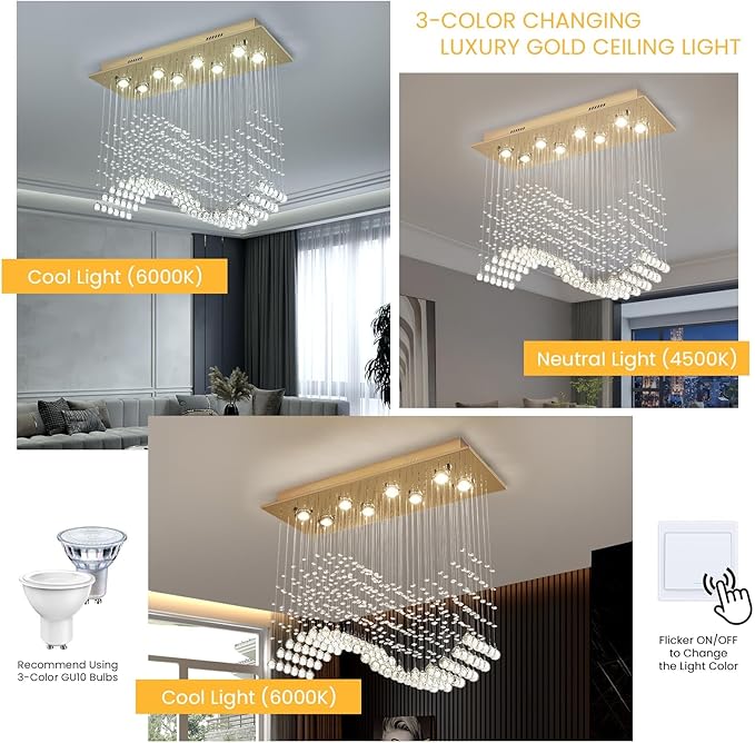 Siljoy Rectangular Gold Crystal Chandelier for Dining Room, 8-Light Modern Wave Raindrop Crystal Chandelier for Living Room Kitchen Island L31.5'' x W11.8'' x H32.2''