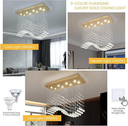 Siljoy Rectangular Gold Crystal Chandelier for Dining Room, 8-Light Modern Wave Raindrop Crystal Chandelier for Living Room Kitchen Island L31.5'' x W11.8'' x H32.2''