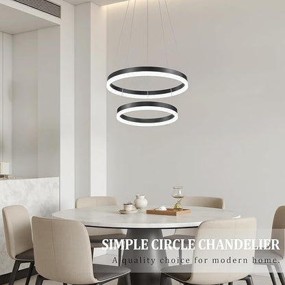 Modern Black Led Chandelier 2 Rings Dimmable LED Chandeliers with Remote Control Light Fixture for Kitchen Island Height Adjustable Chandelier Led Pendant Light for Living Room Dining Room