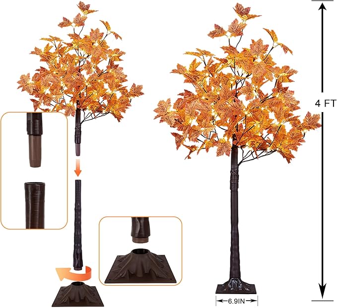 LIGHTSHARE 2PCS 4FT 144LED(72LED Each) Artificial Lighted Maple Tree Warm White Halloween Fall Decorations Indoor Outdoor, Orange