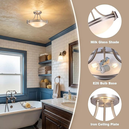 Bektas 12 Inch Semi Flush Mount Ceiling Light Fixture Brushed Nickel with Milk Glass for Bedroom Kitchen Bathroom Hallway Foyer Dining Room Hall Entryway ETL Listed