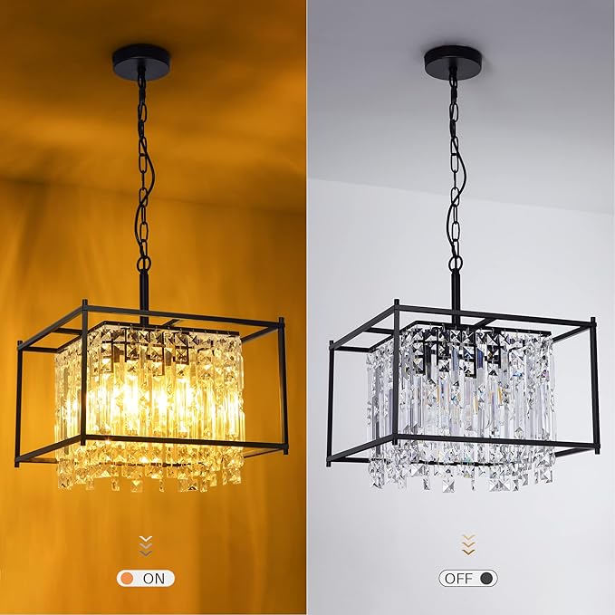 Modern Black Crystal Chandeliers, 16" Dining Room Chandelier, Adjustable Height,Luxury Ceiling Pendant Light Fixture for Entryway Foyer Kitchen Island Bedroom Living Room Hallway